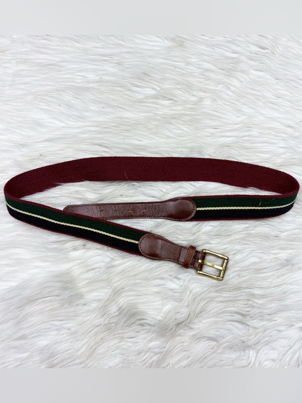 Vintage Surcingle Web Belt Striped Woven Knit Leather Preppy Equestrian Medium